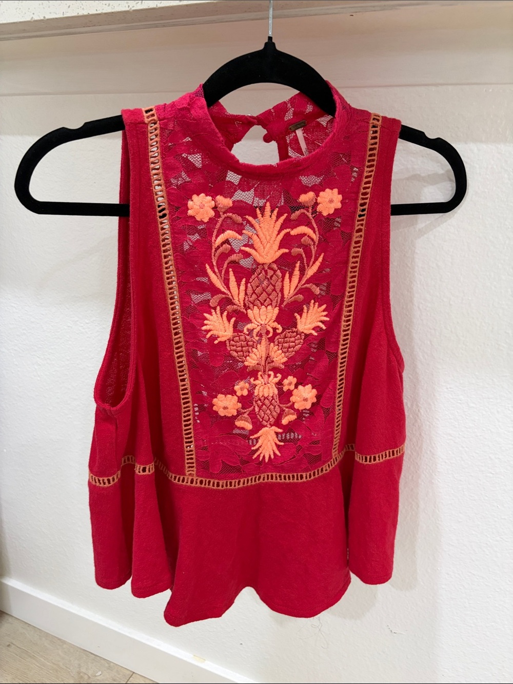 Free People Red Tank Top with Orange Floral Embroidery